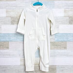 Nike Velour Jumpsuit Cream Zip Up Embroidered Logo Kangaroo Pocket Baby Girl 18M